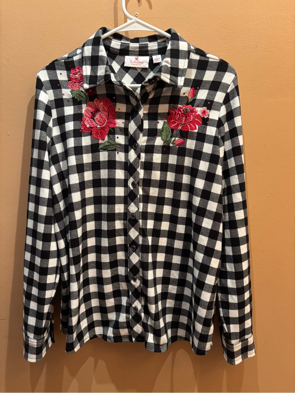 Quacker Factory Buffalo Plaid Button-Up Shirt with Red Floral Embroidery Size M